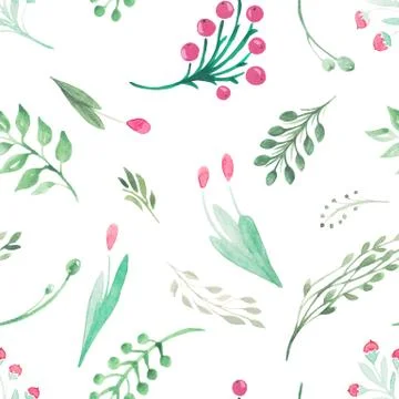 Seamless pattern of flowers greenery berries rustic style Watercolor illustra Stock Illustration