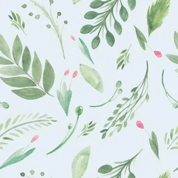 Seamless pattern of flowers greenery berries rustic style Watercolor illustra Stockillustratie
