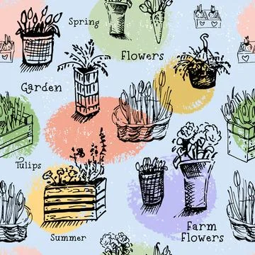 Seamless pattern of flowers in hanging pots, wooden boxes and vases in a black Stock Illustration