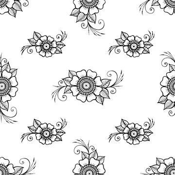 Seamless pattern of flowers in indian style. Mehndi henna tattoo hand drawn b Stock Illustration