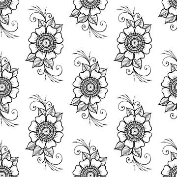 Seamless pattern of flowers in indian style. Mehndi henna tattoo hand drawn b Stock Illustration