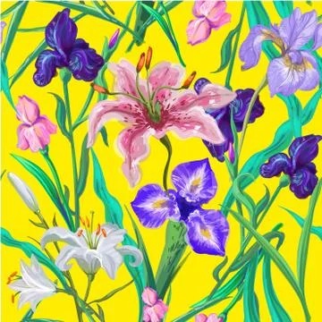Seamless pattern with flowers. Iris. Lily. Vector. Hand drawn. Bright yellow Stock Illustration