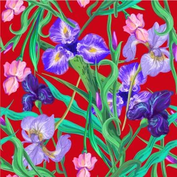 Seamless pattern with flowers. Iris. Lily. Vector. Hand drawn. Red background Stock Illustration