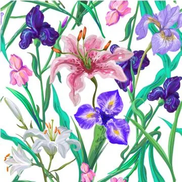 Seamless pattern with flowers. Iris. Lily. Vector. Hand drawn. Stock Illustration