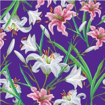 Seamless pattern with flowers. Iris. Lily. Vector. Hand drawn. Violet background Stock Illustration