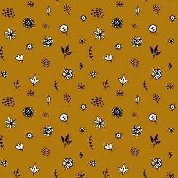 Seamless pattern flowers leaves abstract doodle hand drawn lines scandinavian Stock Illustration