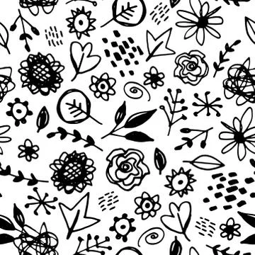 Seamless pattern flowers leaves abstract doodle hand drawn lines scandinavian Stock Illustration
