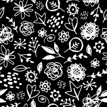 Seamless pattern flowers leaves abstract doodle hand drawn lines scandinavian Stock Illustration
