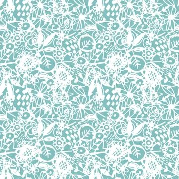 Seamless pattern flowers leaves abstract doodle hand drawn lines scandinavian Stock Illustration