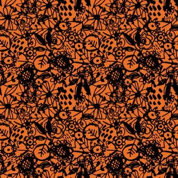 Seamless pattern flowers leaves abstract doodle hand drawn lines scandinavian Stock Illustration