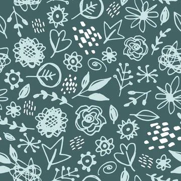 Seamless pattern flowers leaves abstract doodle hand drawn lines scandinavian Stock Illustration