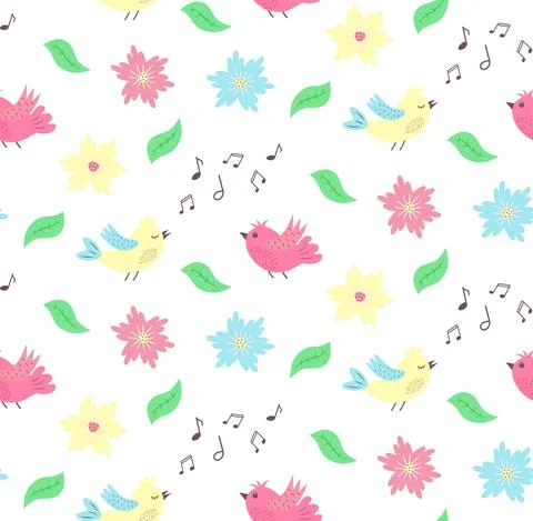 Seamless pattern with flowers, leaves and flying and singing birds. Stock Illustration