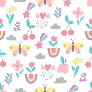 Seamless pattern with flowers, leaves, berries Illustrazione stock