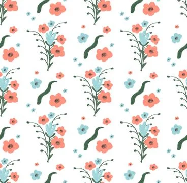 Seamless Pattern of Flowers with Leaves on White 스톡 일러스트
