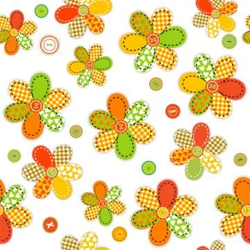 Seamless pattern with flowers made of sewing patches and buttons Stock Illustration
