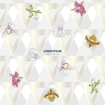 Seamless pattern with flowers orchids on a light gray background. Vector illu Stock Illustration