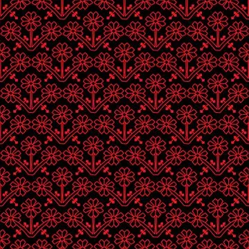 Seamless pattern flowers Ornament of Russian folk embroidery, red on black ba Stock Illustration