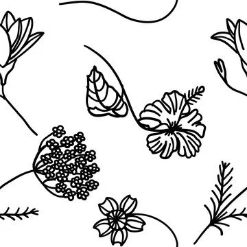 Seamless pattern of flowers in outline doodle style. Hand drawn black and w.. Stock Illustration