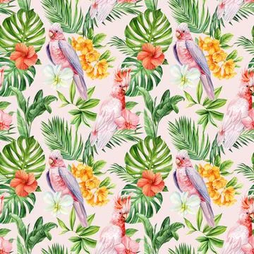 Seamless pattern Flowers, palm leaves, parrot bird. Watercolor Tropical floral Stock Illustration