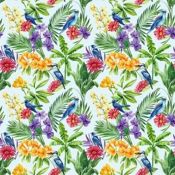 Seamless pattern Flowers, palm leaves and birds. Watercolor Tropical floral Illustrazione stock