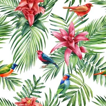 Seamless pattern Flowers, palm leaves and birds. Watercolor Tropical floral Stock Illustration