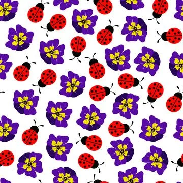 Seamless pattern flowers Pansies and ladybug Stock Illustration