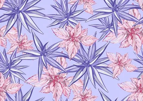 Seamless pattern. Flowers. Pink and purple leaves on a lilac background. Endless Stock Illustration