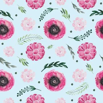 Seamless pattern of flowers poppies greenery berries rustic style Watercolor  イラスト素材