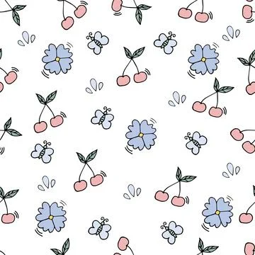 Seamless pattern with flowers, ripe cherries, and butterfly. On a light bac.. Stock Illustration