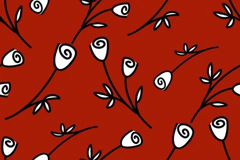 Seamless Pattern, flowers. Simple white roses on red background. Simple doodle Stock Illustration
