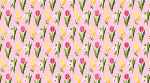 Seamless pattern with flowers of snowdrops, tulips, hyacinths Illustrazione stock