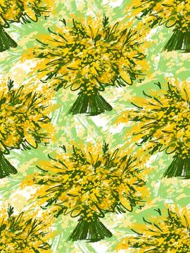 Seamless pattern of flowers. A spring bouquet of yellow mimosa on a light green Stock Illustration