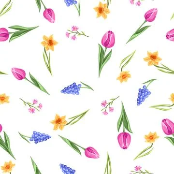 Seamless pattern with flowers. Spring muscari, tulip and narcissus. イラスト素材