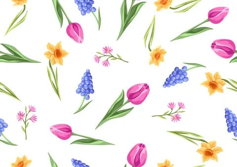 Seamless pattern with flowers. Spring muscari, tulip and narcissus. Stock Illustration