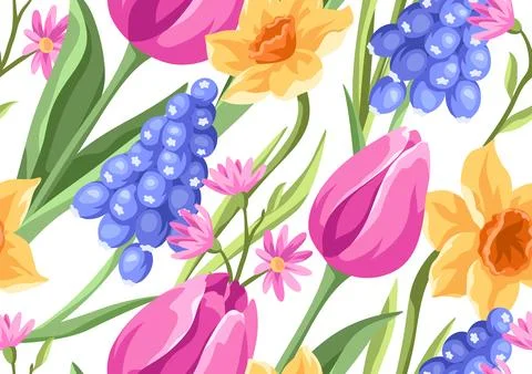 Seamless pattern with flowers. Spring muscari, tulip and narcissus. イラスト素材