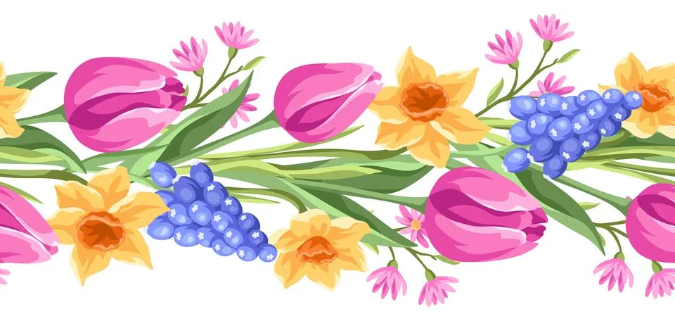 Seamless pattern with flowers. Spring muscari, tulip and narcissus. イラスト素材