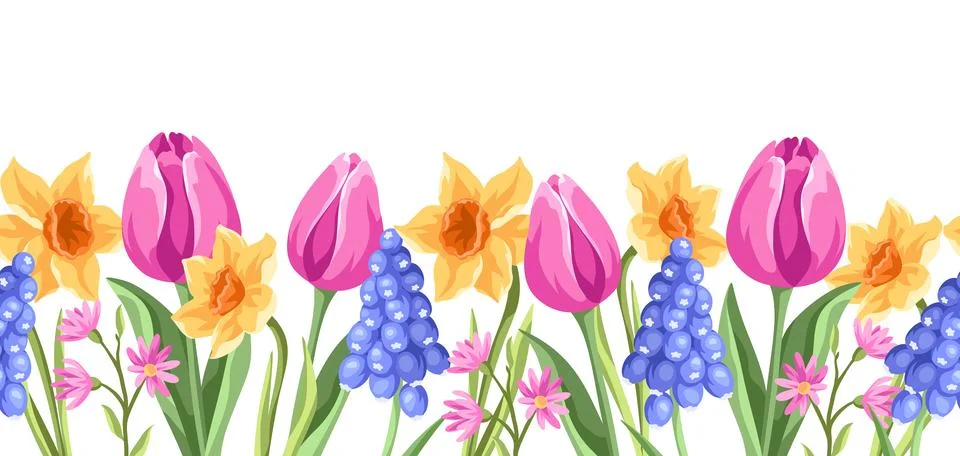 Seamless pattern with flowers. Spring muscari, tulip and narcissus. イラスト素材