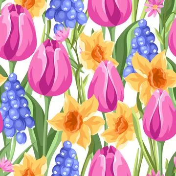 Seamless pattern with flowers. Spring muscari, tulip and narcissus. Beautif.. イラスト素材