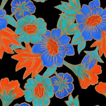 Seamless pattern of flowers stylized with a gold outline Stock Illustration