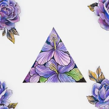 Seamless pattern flowers in a triangle and purple roses on a white background. Stock Illustration
