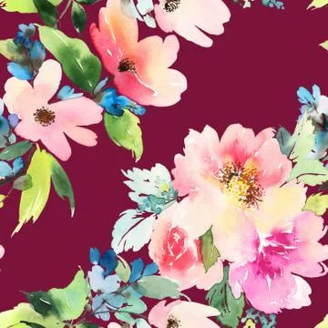 Seamless pattern with flowers watercolor Stock Illustration