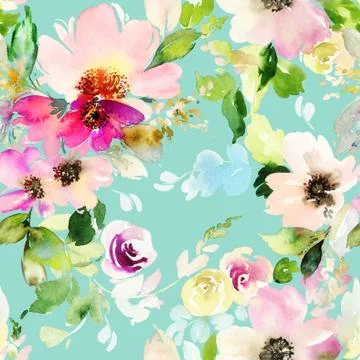 Seamless pattern with flowers watercolor Stock Illustration