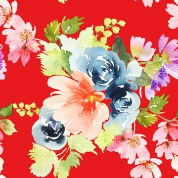 Seamless pattern with flowers watercolor Stock Illustration
