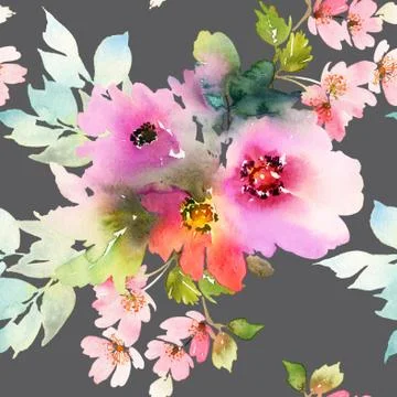 Seamless pattern with flowers watercolor Stock Illustration