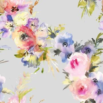 Seamless pattern with flowers watercolor Stock Illustration