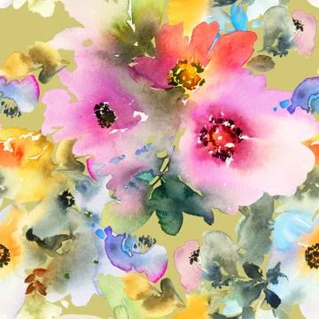 Seamless pattern with flowers watercolor Stock Illustration