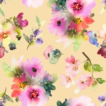 Seamless pattern with flowers watercolor Stock Illustration