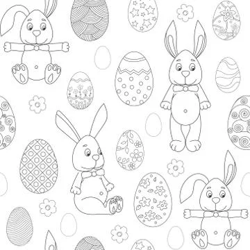 Seamless pattern with flowers,bunnies, and easter eggs on white background. V Stock Illustration
