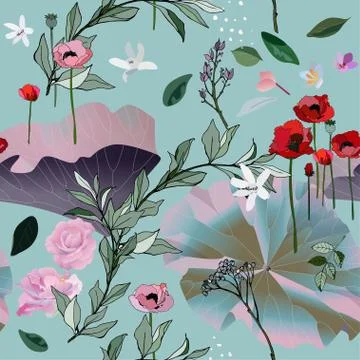 Seamless pattern with flowes of roses, poppies and leaves. Tropical flowers v Stock Illustration