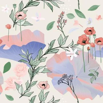 Seamless pattern with flowes of roses, poppies and leaves. Tropical flowers v Stock Illustration
